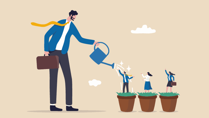 Employee Upskilling. Boss training and developing his employees